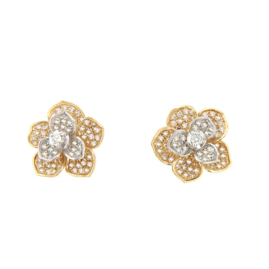 Pendientes HALICARNASO flor con brillantes en oro amarillo y blanco  en 14 ktes