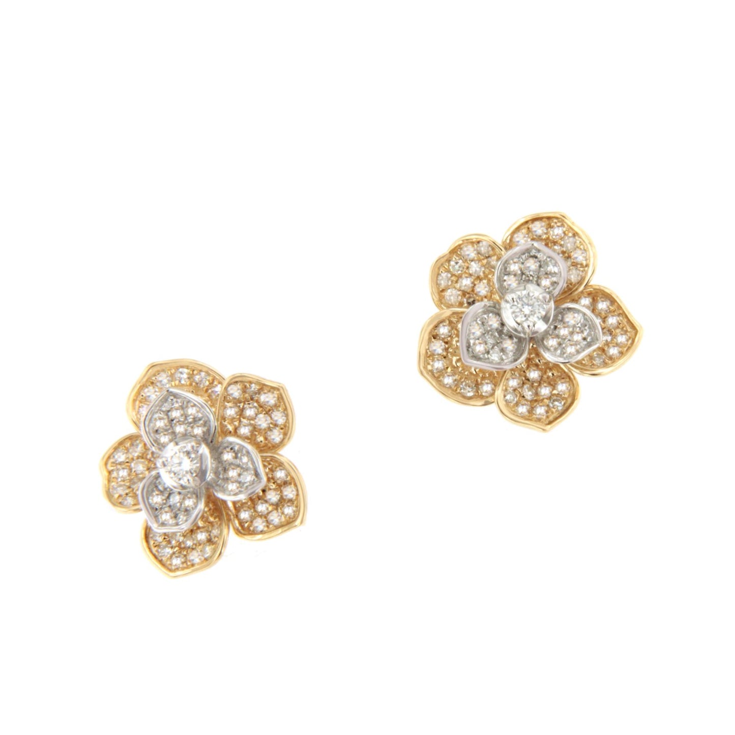 Pendientes HALICARNASO flor con brillantes en oro amarillo y blanco  en 14 ktes