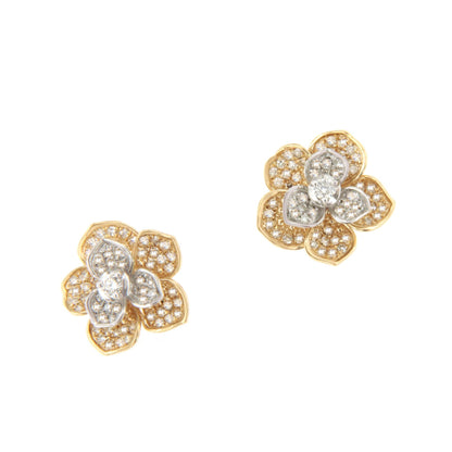 Pendientes HALICARNASO flor con brillantes en oro amarillo y blanco  en 14 ktes