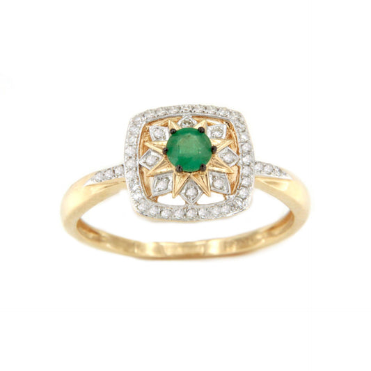Anillo MIDENA con esmeralda y brillantes en oro amarillo y blanco de 14 ktes.
