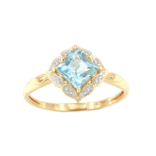 Anillo ALBASTRO topacio azul con brillantes en oro amarillo de 14 ktes