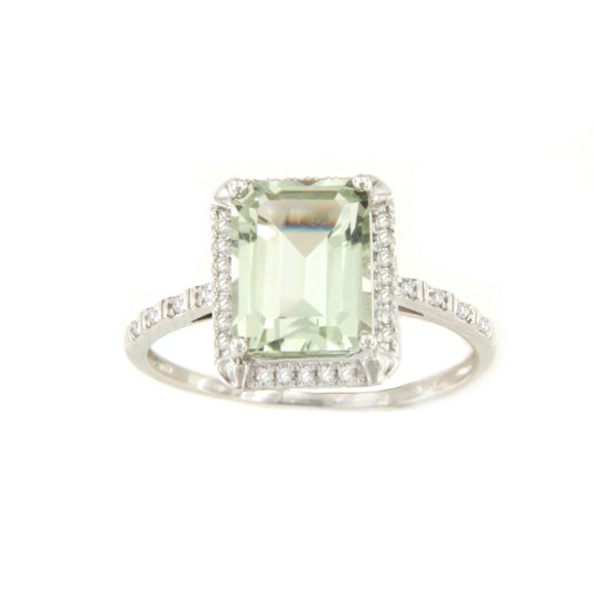 Anillo PLANDO con amatista verde y brillantes en oro blanco de 14 ktes