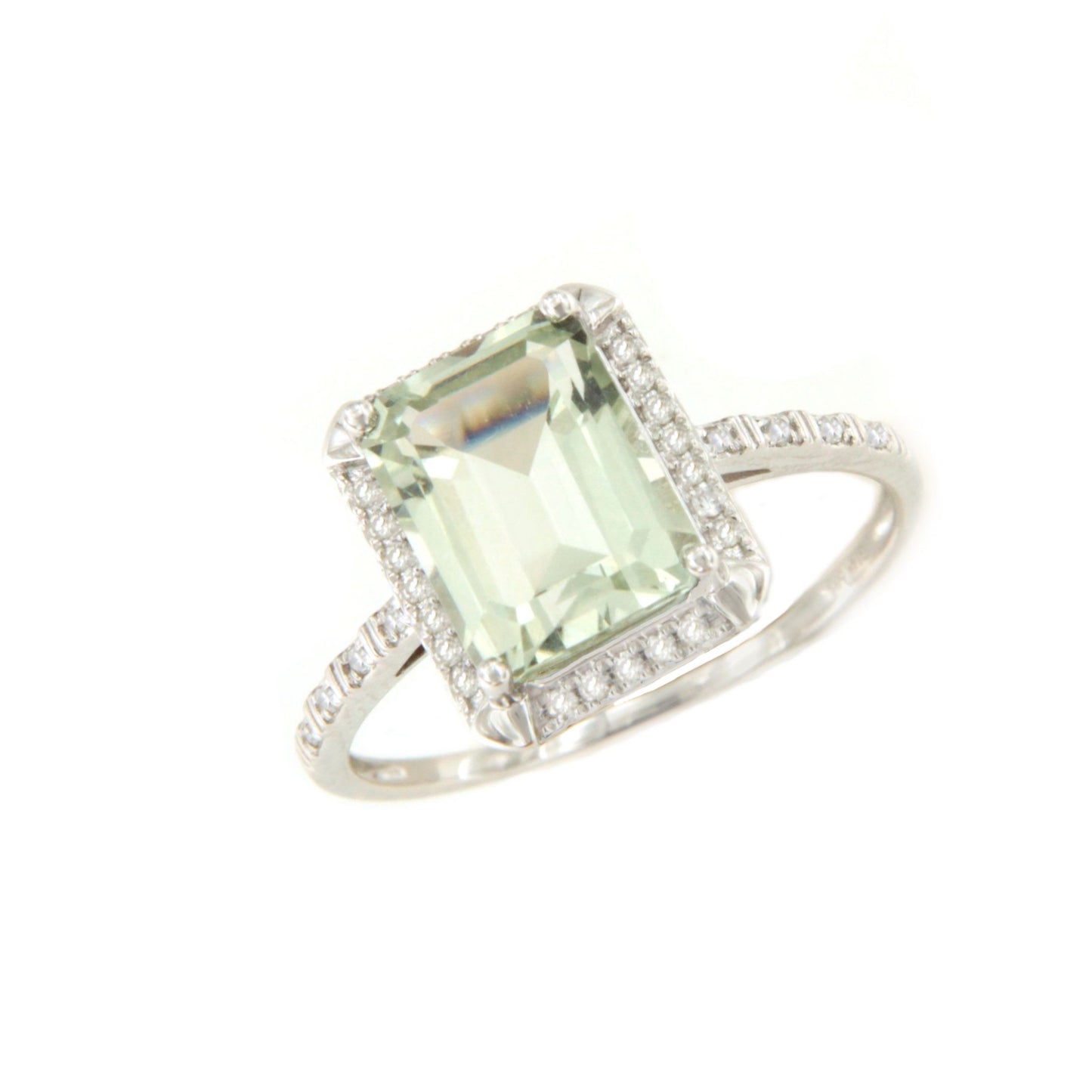 Anillo PLANDO con amatista verde y brillantes en oro blanco de 14 ktes