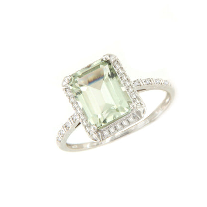 Anillo PLANDO con amatista verde y brillantes en oro blanco de 14 ktes