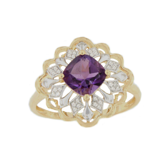 Anillo MAKO con amatista y brillantes en oro amarillo y blanco de 14 ktes