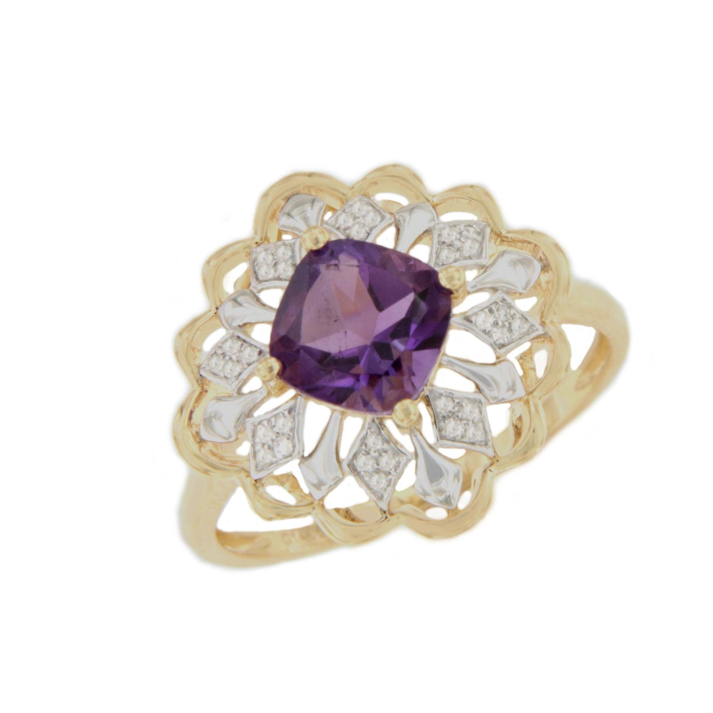 Anillo MAKO con amatista y brillantes en oro amarillo y blanco de 14 ktes