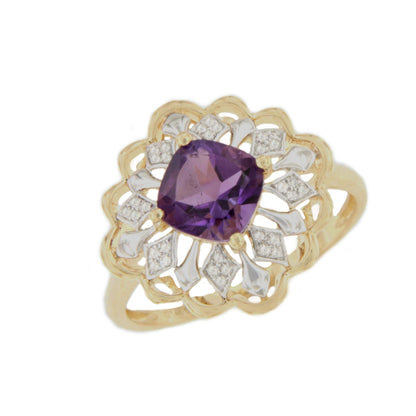 Anillo MAKO con amatista y brillantes en oro amarillo y blanco de 14 ktes
