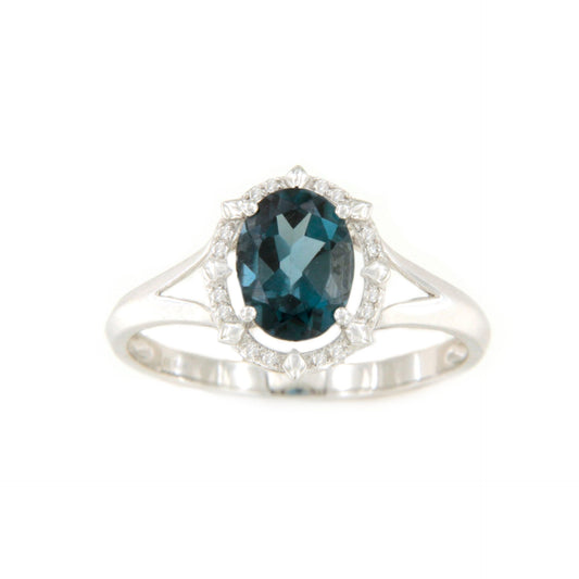 Anillo PALANKA topacio azul con brillantes en oro blanco de 14 ktes