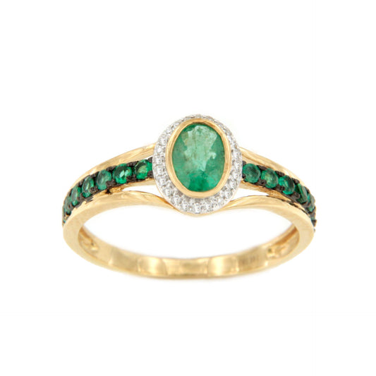 Anillo LIKA con esmeralda y brillantes en oro amarillo y blanco de 14 ktes.