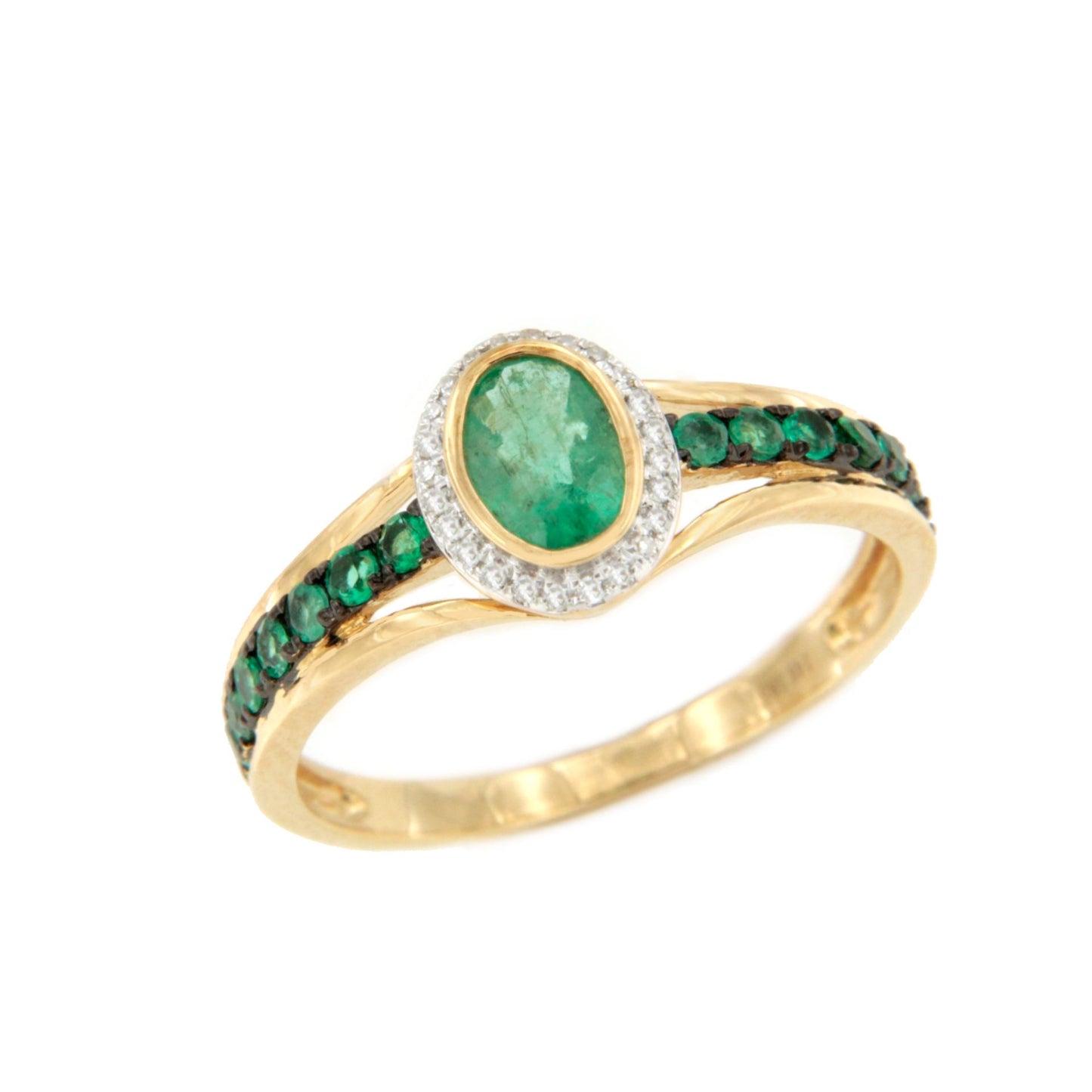Anillo LIKA con esmeralda y brillantes en oro amarillo y blanco de 14 ktes.
