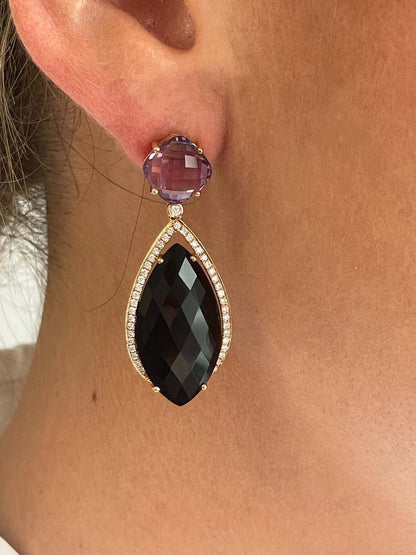 Pendientes SANDRA largos de oro rosa con amatista y onix