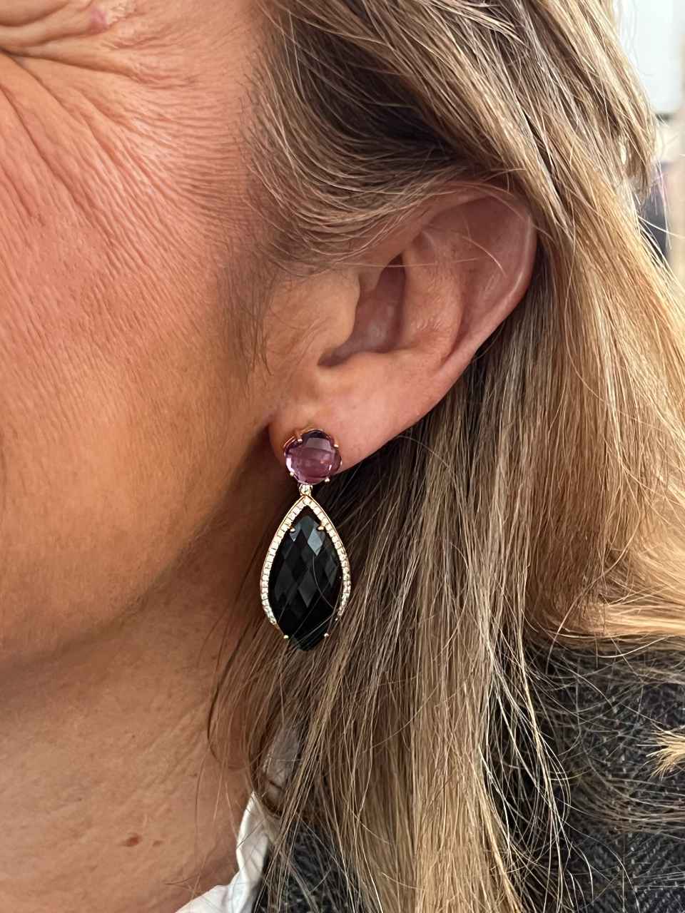 Long rose gold earrings with irregular stones