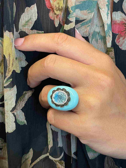 Anillo BARQUERA turquesa con aguamarina y brillantes en oro blanco 18 ktes