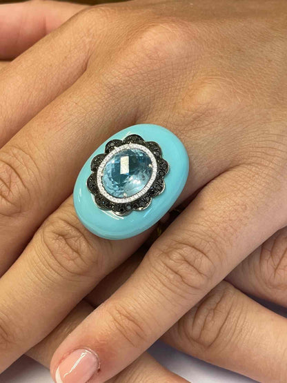 Anillo BARQUERA turquesa con aguamarina y brillantes en oro blanco 18 ktes