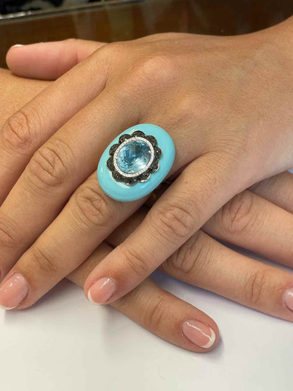 Anillo BARQUERA turquesa con aguamarina y brillantes en oro blanco 18 ktes
