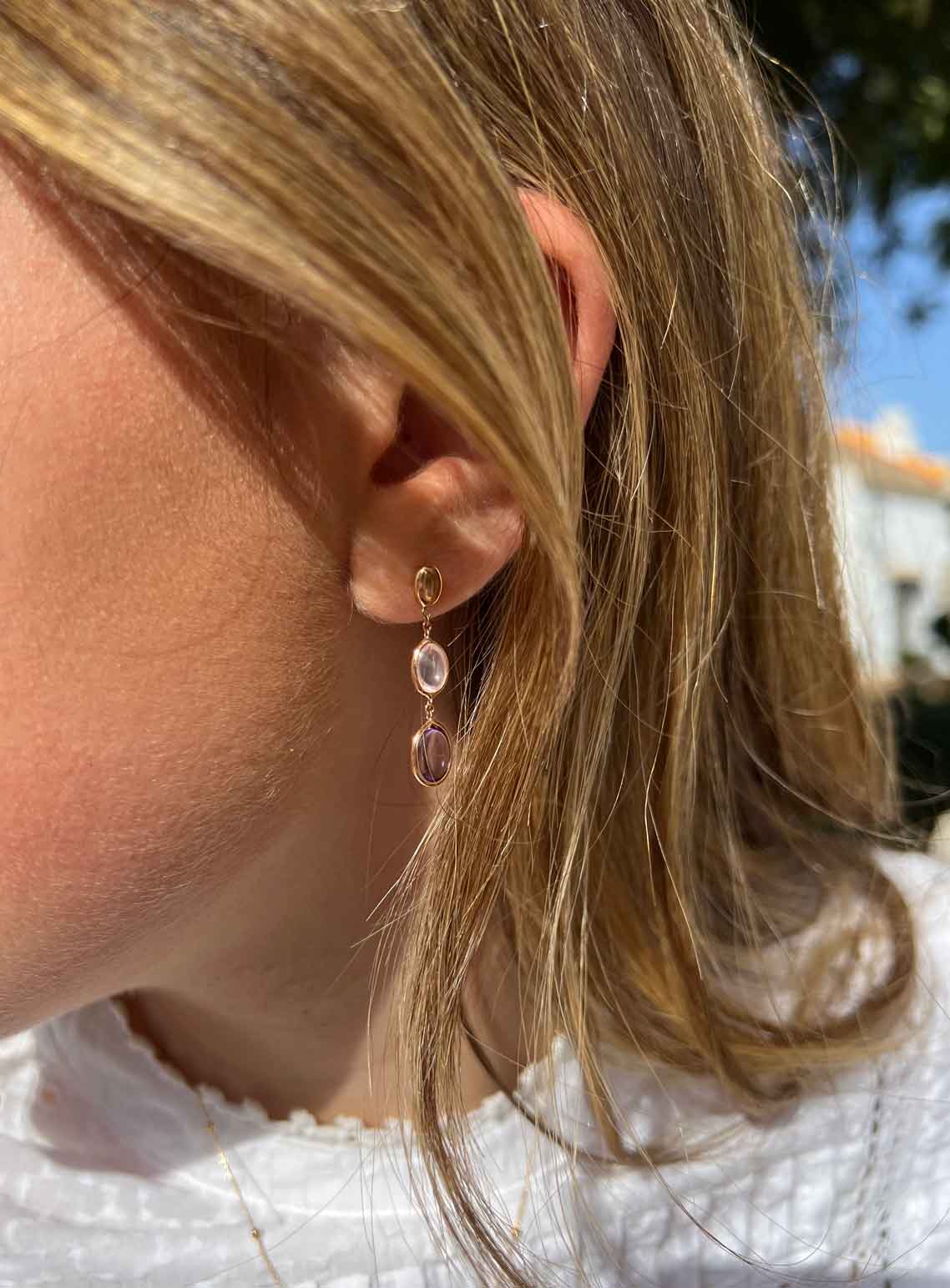 Pendientes WATSON en oro rosa de 18 kilates, cuarzos rosas y amatistas