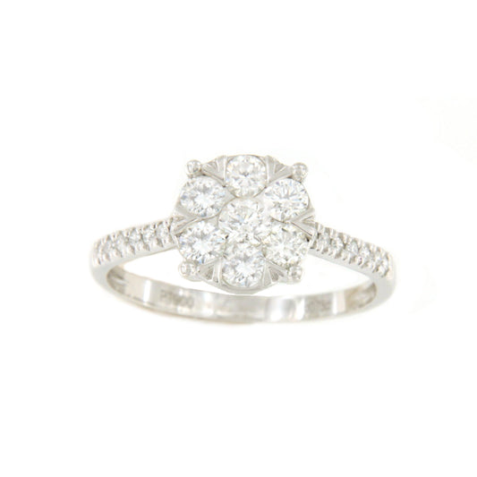 Anillo CAMU roseta centro de brillante en oro blanco de 18 ktes