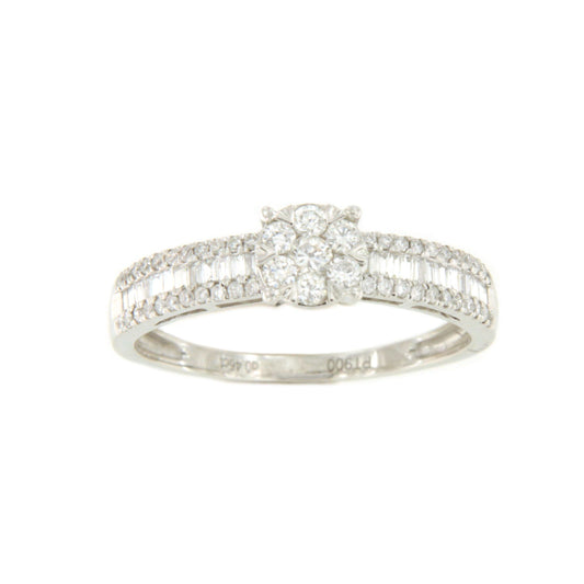 Anillo GUAYABA roseta de brillantes y baguettes en oro blanco 18 kilates