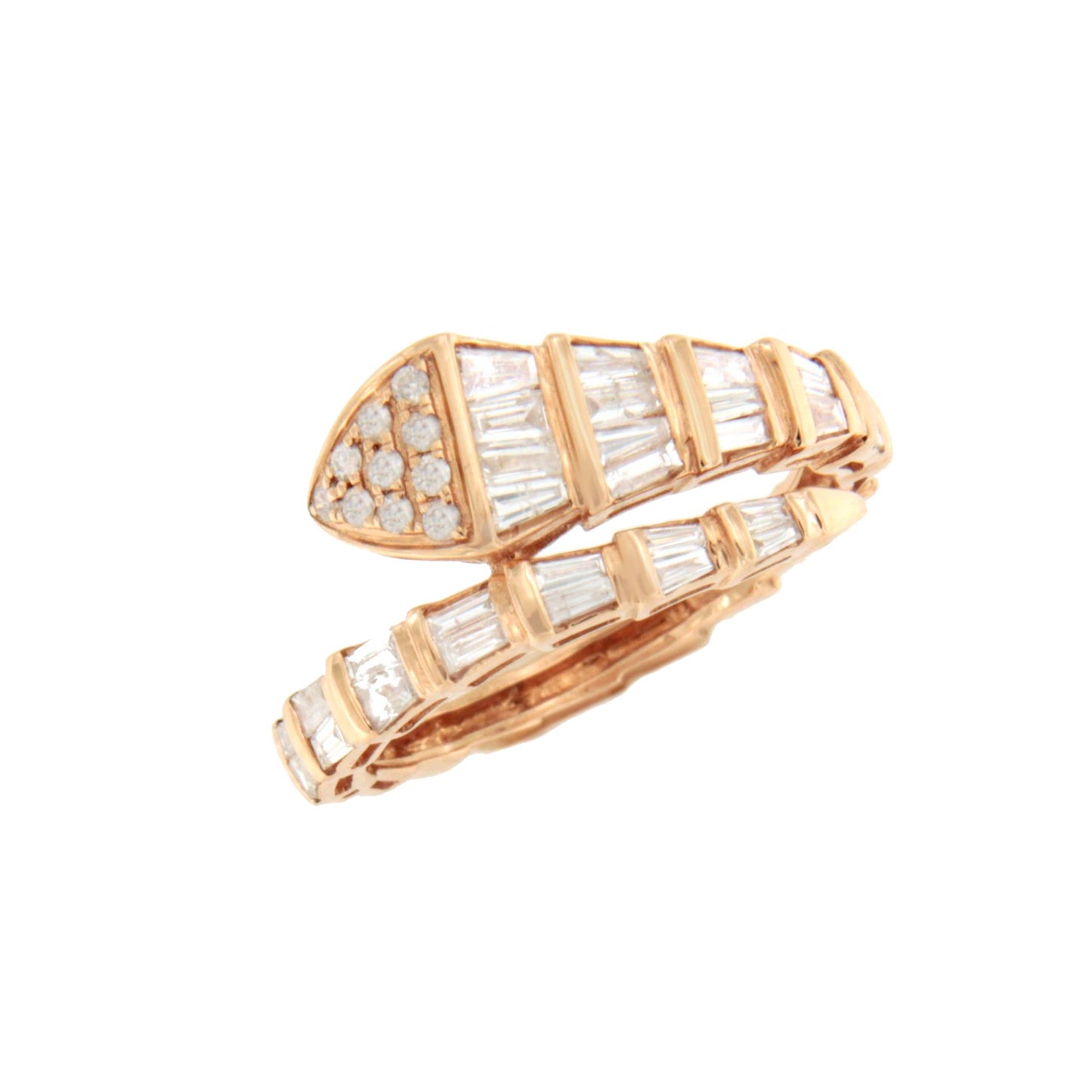 Anillo PLATANO serpiente en oro rosa 18 ktes con brillantes y baguettes