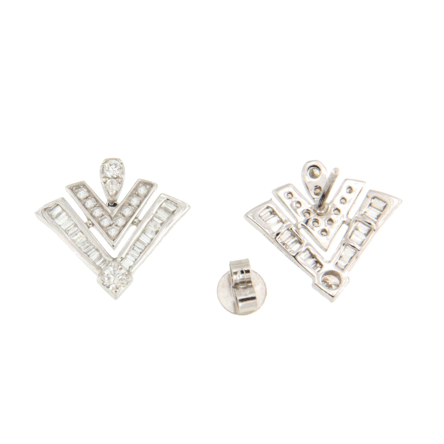 Rosehip earrings in 18k white gold with diamonds and baguettes