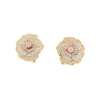 Pendientes LIMA flor en oro de tres colores 18 kilates con brillante