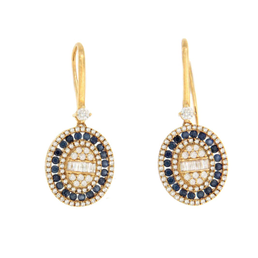 Pendientes LUCUMA largos en oro amarillo de 18 ktes zafiros y diamantes