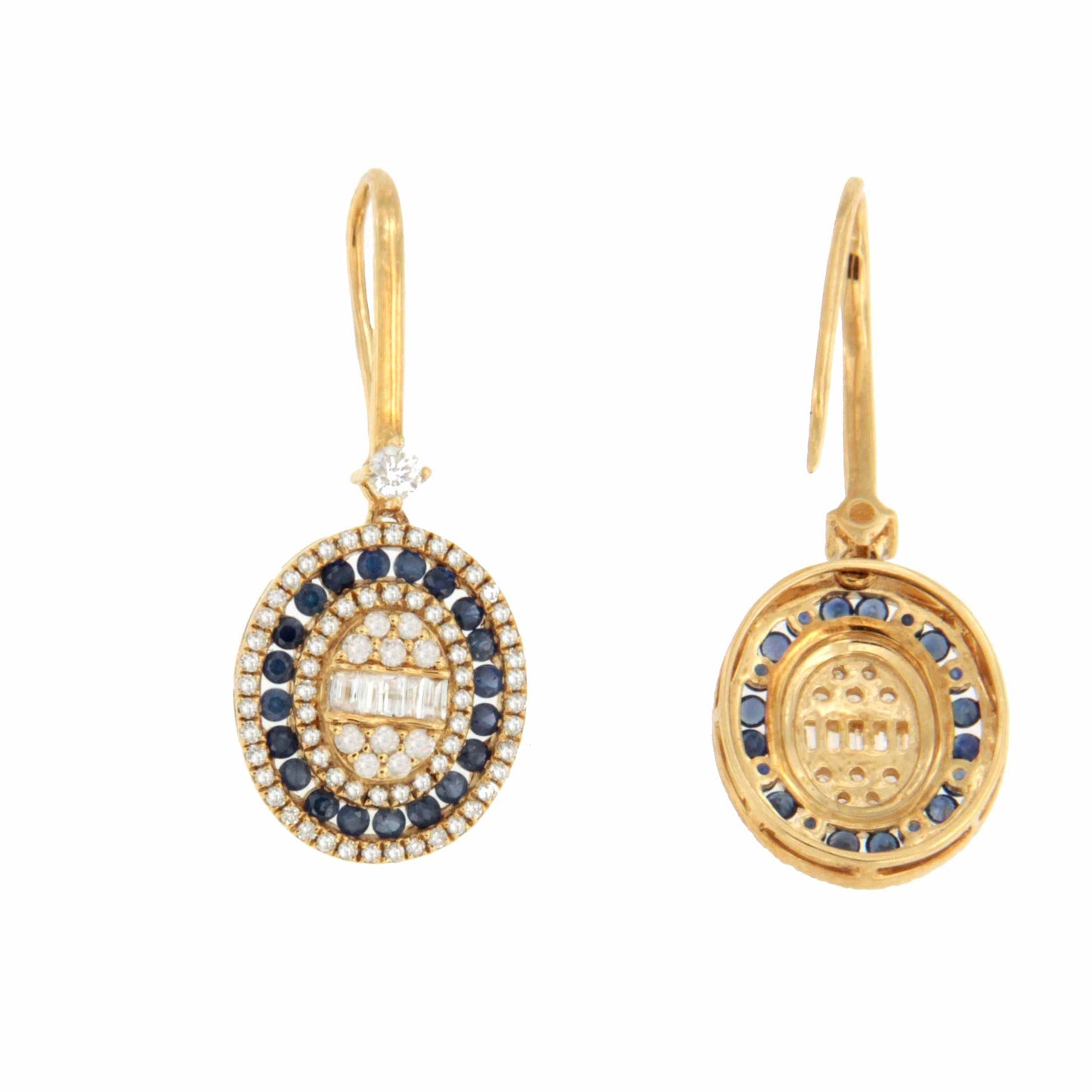 Pendientes LUCUMA largos en oro amarillo de 18 ktes zafiros y diamantes