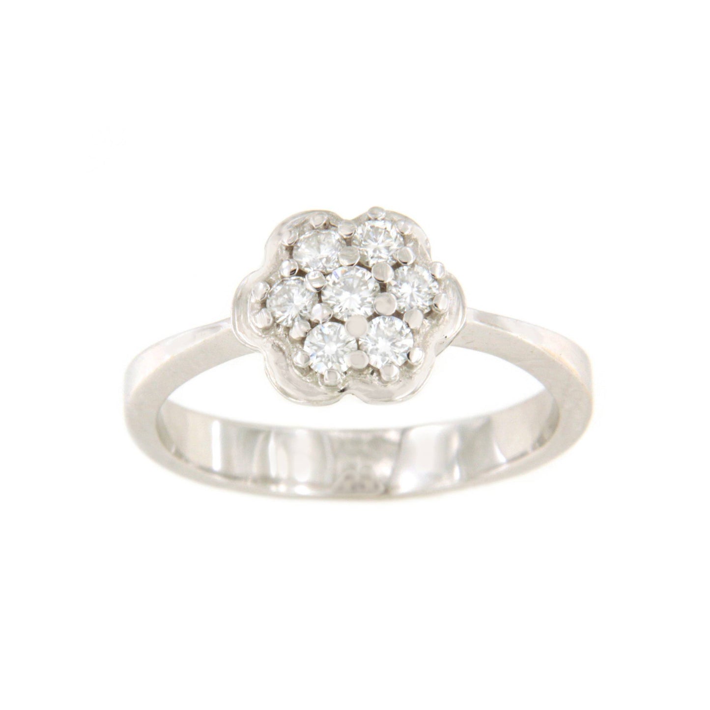 ACAI ring with rosette and halo and diamonds in 18-karat white gold