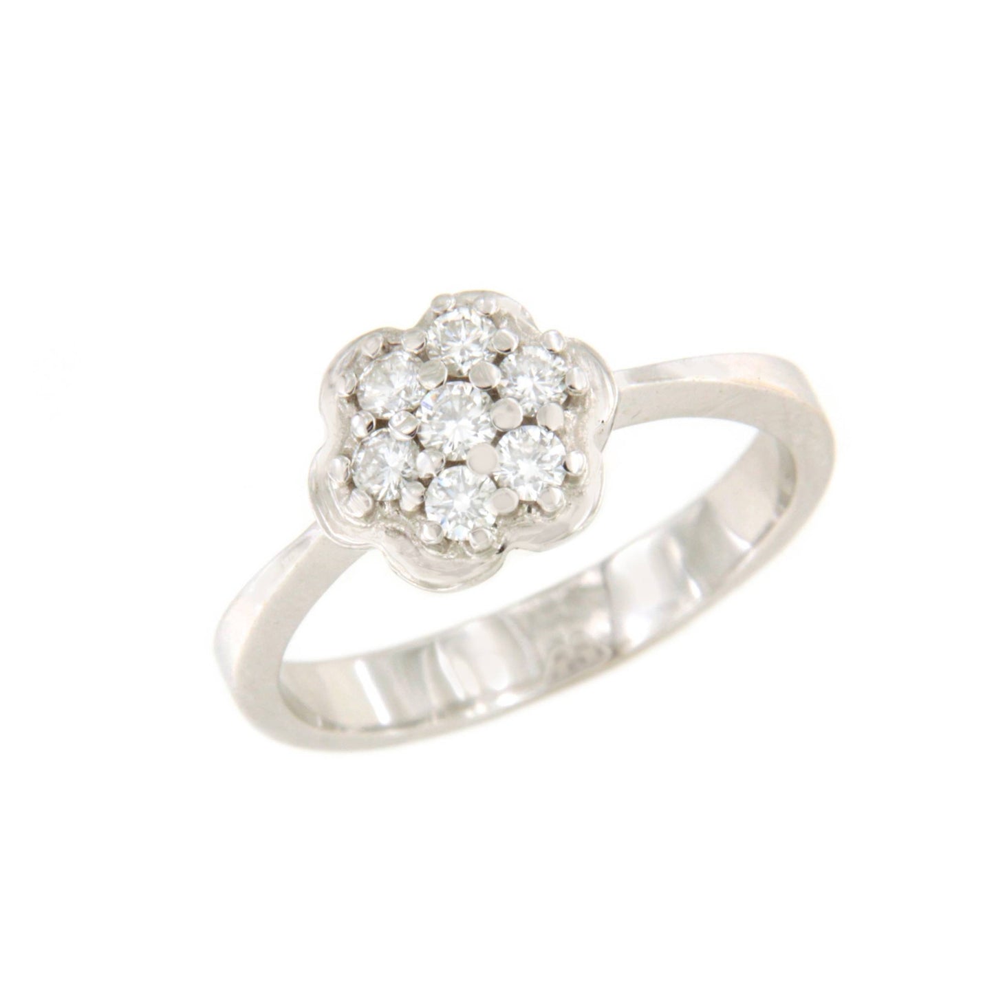 ACAI ring with rosette and halo and diamonds in 18-karat white gold
