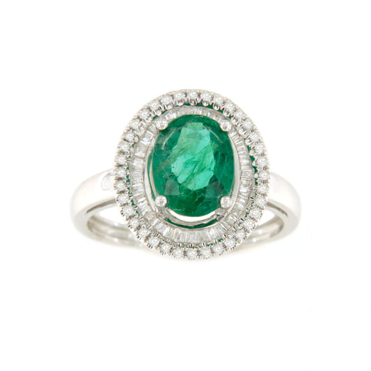 Anillo GUARANA roseta esmeralda baguettes y brillantes oro blanco de 18 ktes