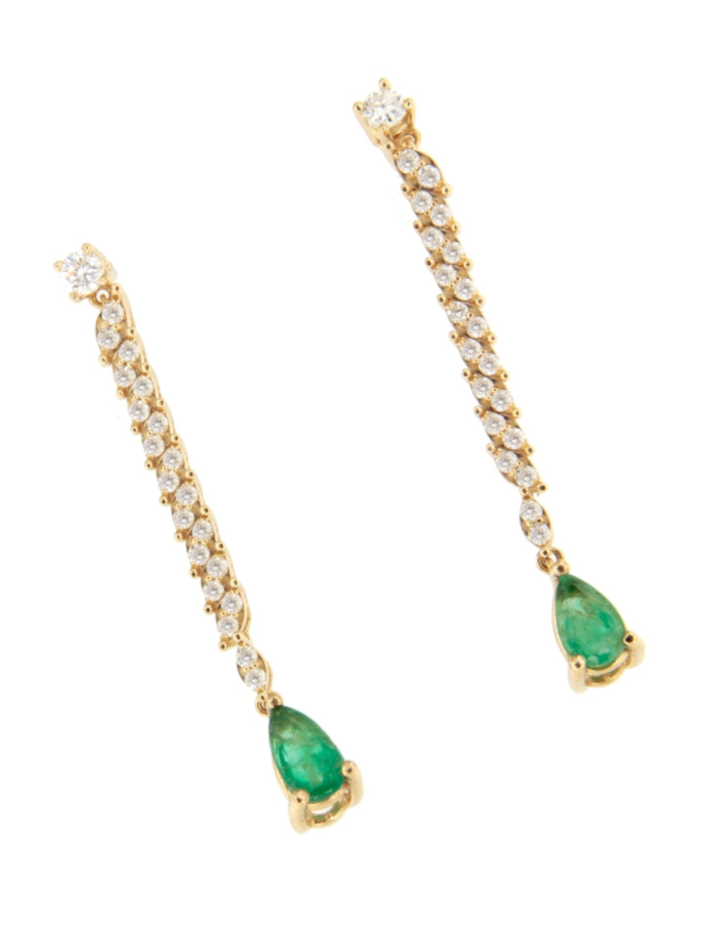 Pendientes PITOMBA largos oro amarillo de 18 ktes zafiros o esmeralda y brillantes.