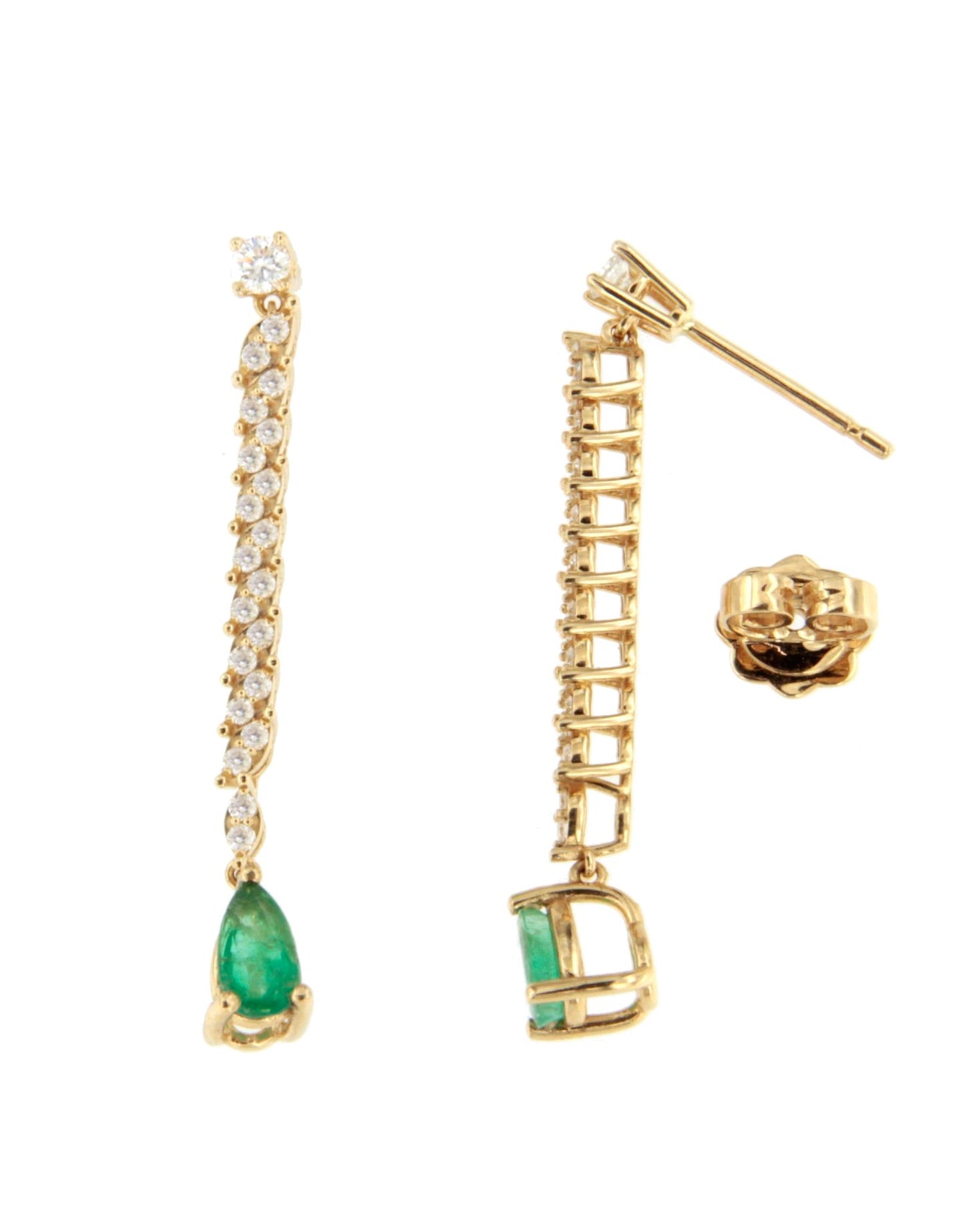 Pendientes PITOMBA largos oro amarillo de 18 ktes zafiros o esmeralda y brillantes.