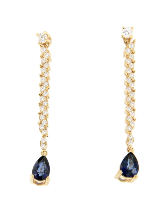 Pendientes PITOMBA largos oro amarillo de 18 ktes zafiros o esmeralda y brillantes.