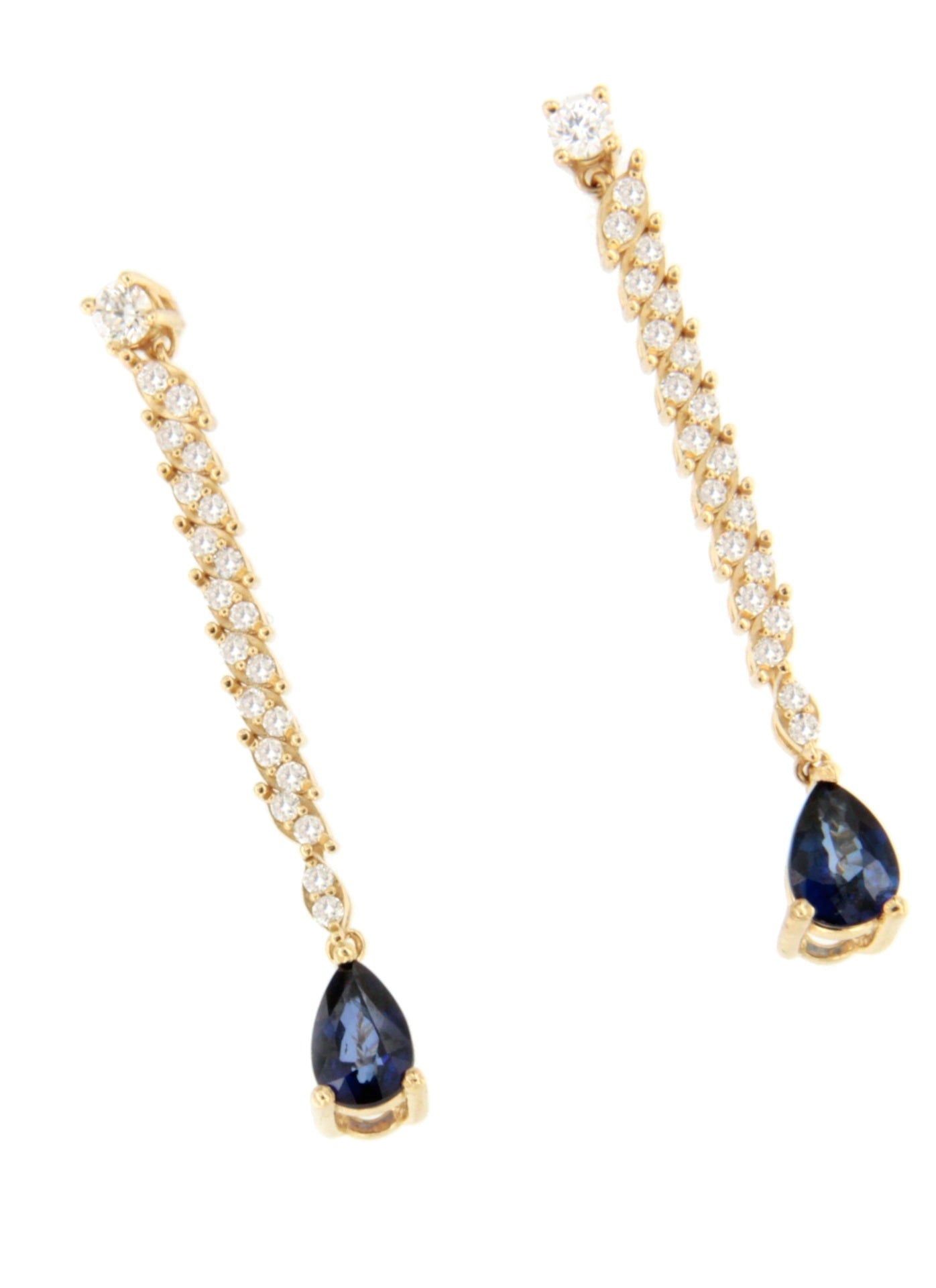 Pendientes PITOMBA largos oro amarillo de 18 ktes zafiros o esmeralda y brillantes.