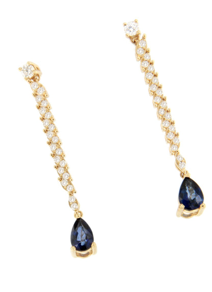 Pendientes PITOMBA largos oro amarillo de 18 ktes zafiros o esmeralda y brillantes.