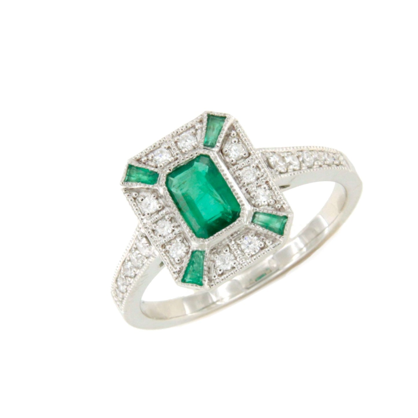 Anillo BAEL roseta esmeralda baguettes y brillantes en oro blanco 18 ktes.