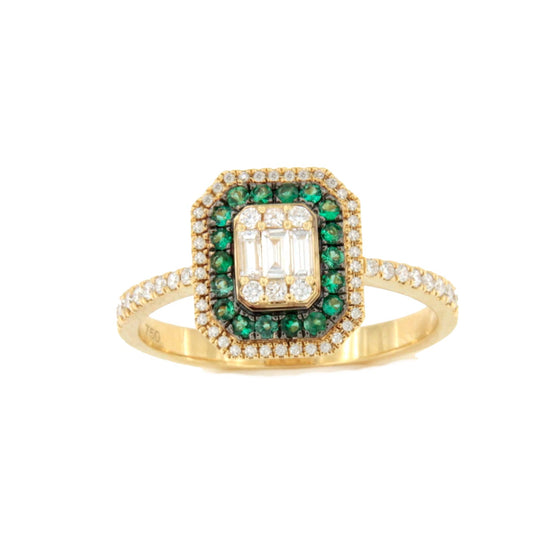 Anillo KURUMAN centro baguettes, brillantes y esmeraldas oro amarillo de 18 ktes