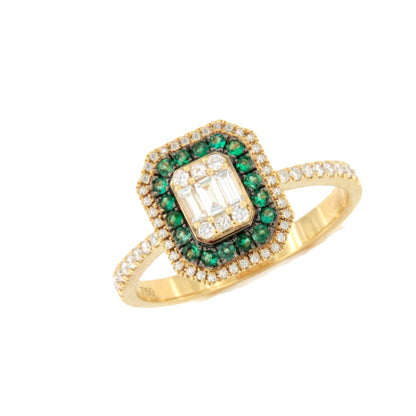 Anillo KURUMAN centro baguettes, brillantes y esmeraldas oro amarillo de 18 ktes