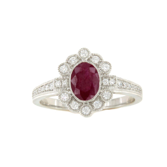 Anillo BENONI  roseta rubie oval y brillantes oro blanco de 18 ktes.