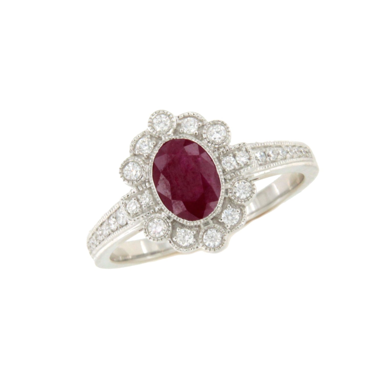 Anillo BENONI  roseta rubie oval y brillantes oro blanco de 18 ktes.