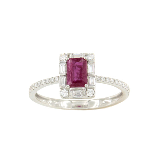 Anillo TAMARINDO roseta esmeralda, rubi o zafiro  y brillantes oro blanco 18 ktes