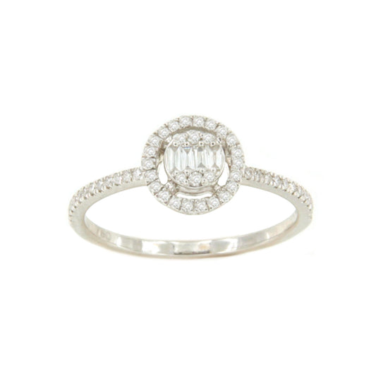 Anillo BERGEN redondo en oro blanco 18 ktes con brillantes y baguettes.