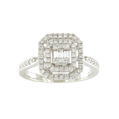 Anillo CLIO en oro blanco 18 ktes con centro en brillantes y baguettes.