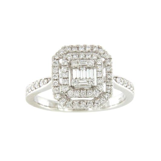 Anillo CLIO en oro blanco 18 ktes con centro en brillantes y baguettes.