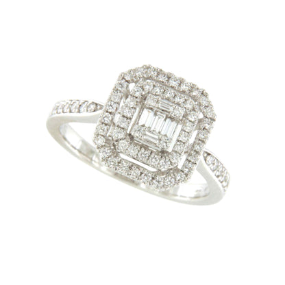 Anillo CLIO en oro blanco 18 ktes con centro en brillantes y baguettes.