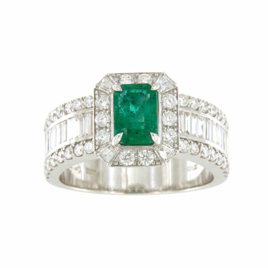 LONGA ring, oval emerald rosette and diamonds, 18k white gold.