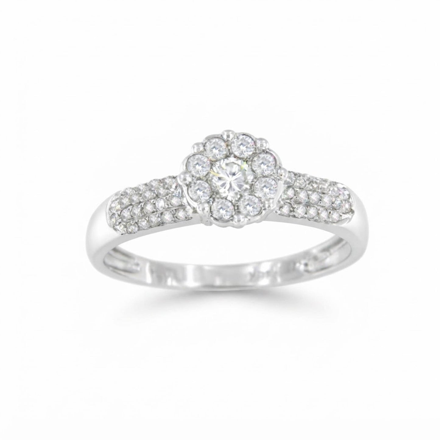 ACAI ring with rosette and halo and diamonds in 18-karat white gold
