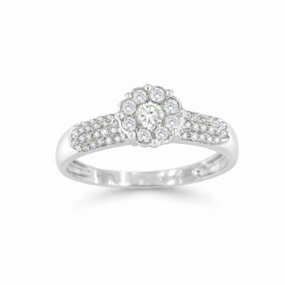 ACAI ring with rosette and halo and diamonds in 18-karat white gold