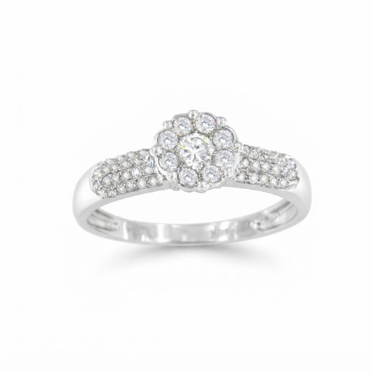 Anillo FERMO  centro roseta y brazo con brillantes en oro blanco de 18 ktes