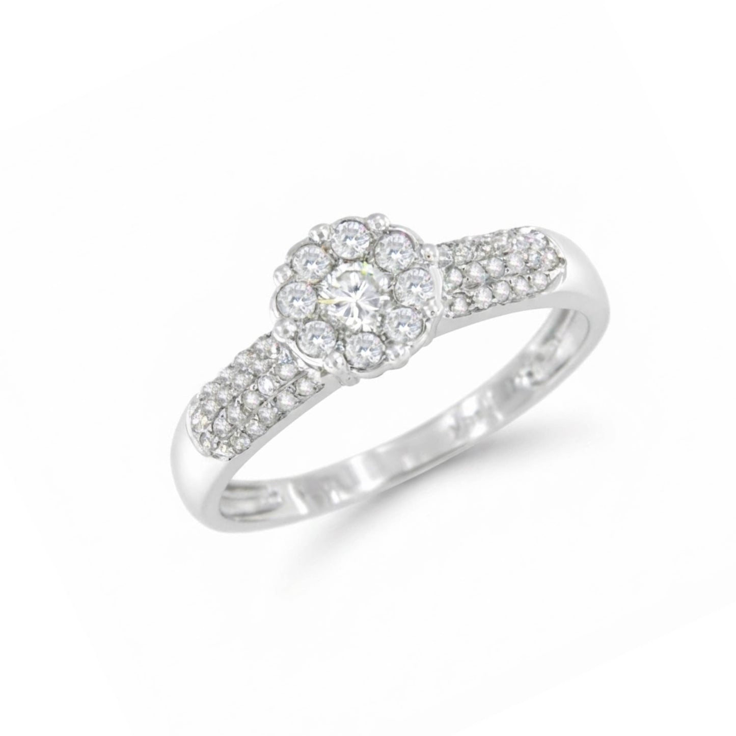 ACAI ring with rosette and halo and diamonds in 18-karat white gold
